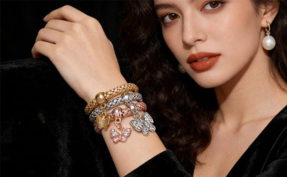 Alegend 14K Gold Plated Stackable Multilayer Bracelets + Titanium Steel(Not Rust, Resist Corruption, Easily Clean) 18K Gold Plated Single Bracelets - color: 14K Gold Crystal Butterfly Diamond-Inlaid