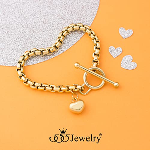 555Jewelry Stainless Steel Toggle Box Link Chain Heart Charm Bracelet for Women & Girls - color: Gold
