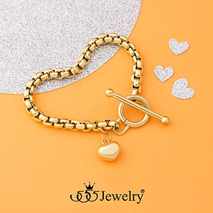 555Jewelry Stainless Steel Toggle Box Link Chain Heart Charm Bracelet for Women & Girls - color: Gold