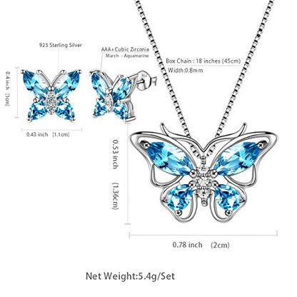 Aurora Tears Butterfly Jewelry,Women 925 Sterling Silver Butterflies Birthstone Pendant Necklace/Earrings/Rings Wedding Gift - color: C.March-set 1