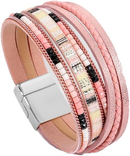 Women's Multi Layer Leather Wrap Bracelet String Bracelets for Women, Boho Braid Multi-Layer Crystal Beads Cuff Women Bracelet Jewelry - color: Pink