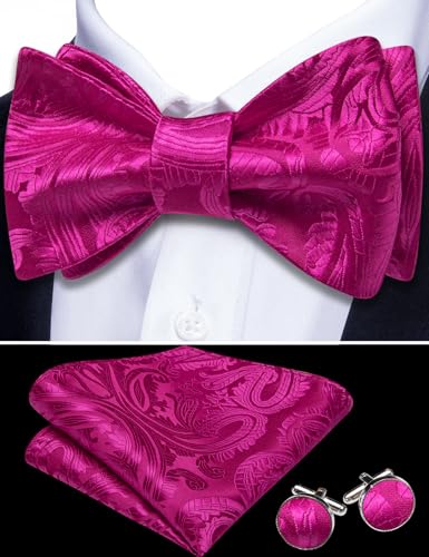 YOHOWA Bow Ties for Men Self-tied Silk Bowtie Solid Color with Lapel Pin and Handkerchief Cufflinks for Wedding Party Prom - color: Hot Pink Paisley a