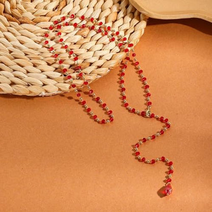 Long Faux Pearl Beaded Y Tassel Lariat Necklace for Women,Boho Dainty Chain Crystal Rhinestone Statement Necklace Fashion Lightweight Jewelry Gifts - color: Red