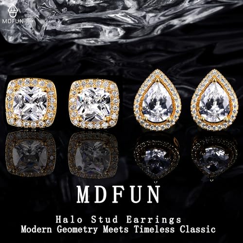 MDFUN Halo Stud Earrings 18K Gold Plated Round/Square/Heart/Teardrop Cubic Zirconia Earrings Set for Women - color: B-Square/Teardrop
