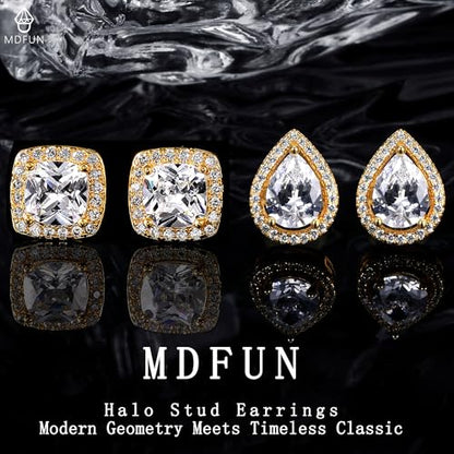 MDFUN Halo Stud Earrings 18K Gold Plated Round/Square/Heart/Teardrop Cubic Zirconia Earrings Set for Women - color: B-Square/Teardrop