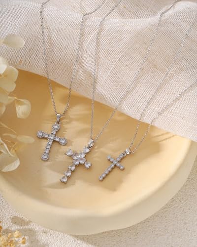 Cross Necklace for Women, 14K Gold Plated Cubic Zirconia Cross Pendant Necklace, Trendy Christian Jewelry Gifts for Baptism First Communion Christmas - color: Style G - Silver