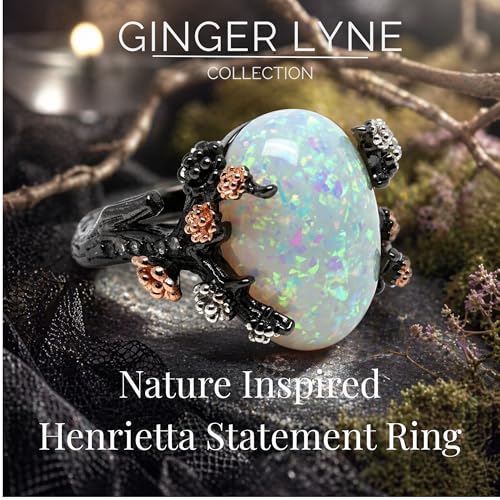 Henrietta Gothic Opal Ring for Women, Fantasy Promise Ring by Ginger Lyne | Simulated White Fire Opal, Cubic Zirconia Black Rose Gold Plated Bold Jewelry Statement Piece For Engagements, Gifts & Events - color: White