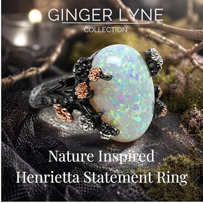 Henrietta Gothic Opal Ring for Women, Fantasy Promise Ring by Ginger Lyne | Simulated White Fire Opal, Cubic Zirconia Black Rose Gold Plated Bold Jewelry Statement Piece For Engagements, Gifts & Events - color: White