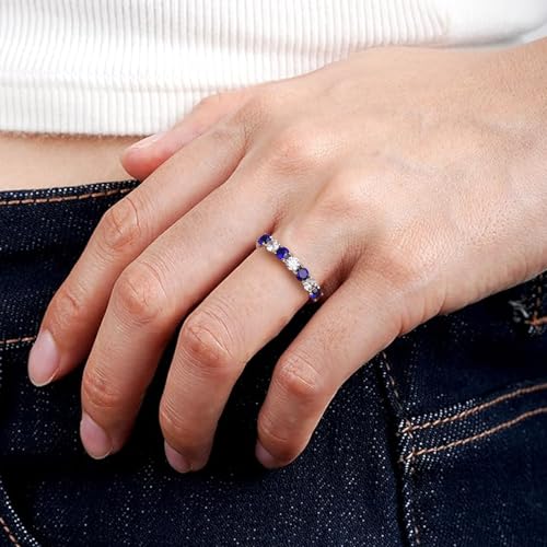 3.5mm Stackable Rings S925 Sterling Silver Created Birthstone & Cubic Zirconia Ring for Women Wedding Bands Anniversary Birthday Jewelry Size 6 to 10(with Box) - color: 09-Created Sapphire & CZ-Sep