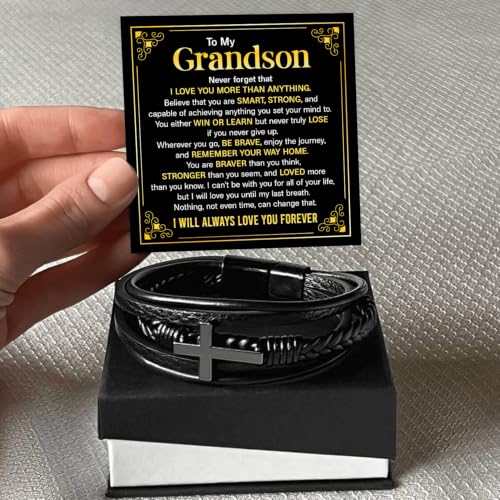 To My GrandSon Bracelet – Cross Braided Leather Bracelet, Meaningful GrandSon Gift from Grandpa & Grandma with Heartfelt Message Card & Elegant Gift Box for Birthday, Christmas, Graduation - color: Version#2