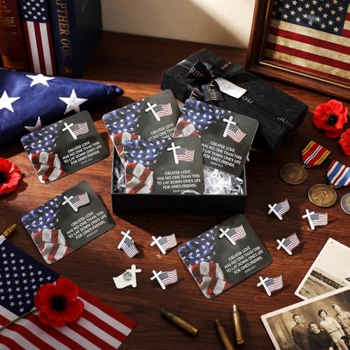 Sayglossy 30 Sets Christian 4th of July American Flag Pins with Card Patriotic USA Flag and Cross Lapel Pins Bulk with Bible Verse Cards Religious Military for Independence Day Veterans 250th Gifts - style: Usa Flag