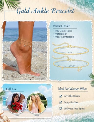 Gold Anklet Set for Women, Layered Beach Anklets | Layered gold-tone ankle bracelets, designed for beach days, vacations, and summer wear - style: Gold Anklet 3