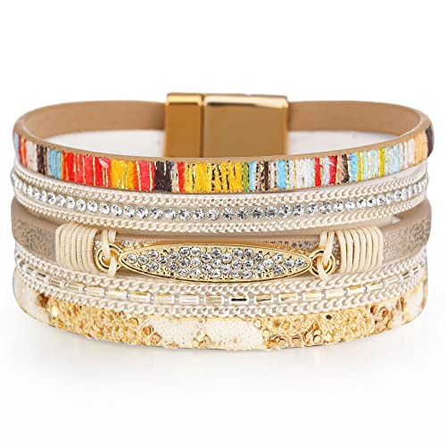 Long tiantian Boho Western Bracelets for Women Leather Wrap Bracelets Turquoise Bracelet Western Jewelry Country Concert Outfits - color: layered bracelets（beige）