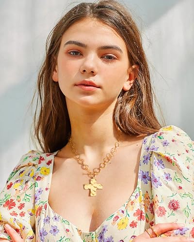 Aobei Pearl 18K Gold Plated Moon Star Lion Evil Eye Love Heart Cross Pendant Necklace Medallion Paperclip Chian Choker Layering Jewery for Women - color: Golden Cross