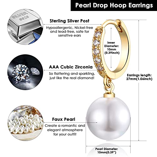 CERSLIMO Pearl Drop Earrings for Women | S925 Sterling Silver Post Simulated Shell Pearl Hoop Dangle Earrings, Hypoallergenic Cubic Zirconia Huggies Earrings Bridesmaid Jewelry - style: 01 Gold-Round