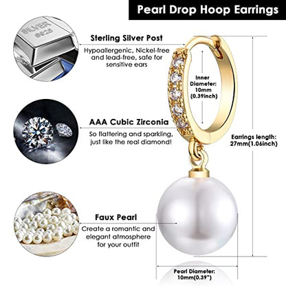CERSLIMO Pearl Drop Earrings for Women | S925 Sterling Silver Post Simulated Shell Pearl Hoop Dangle Earrings, Hypoallergenic Cubic Zirconia Huggies Earrings Bridesmaid Jewelry - style: 01 Gold-Round