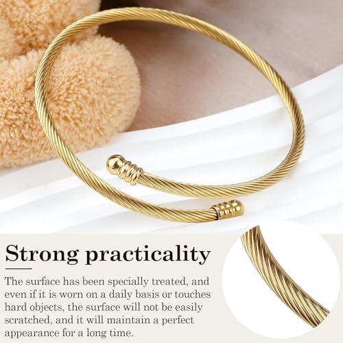 Jewelers Stainless Steel Cable Wire Open Cuff Adjustable Size - color: Gold