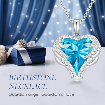 CDE Angel Wings Heart Birthstone Pendant Necklace Gift for Women | Silver/Gold Tone,Ideal Birthday & Anniversary Jewelry Gift for Wife,Girlfriend,Her - color: White-12a-Dec-Blue Zircon Birthstone