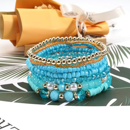 7Pcs Bohemia Multilayer Stackable Crystal Beaded Bracelet Set Multicolor Surfer Heishi Clay Gold Beaded Friendship Stretch Bracelets for Women Men Summer Beach Boho Vacation Jewelry Gifts - color: Z-Blue