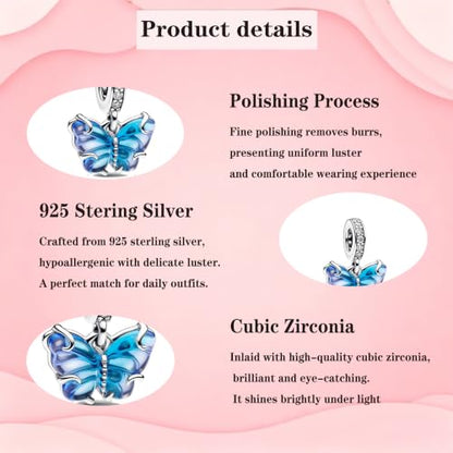 925 Sterling Silver Charms Pendants Mom Heart Dog koi fish Sea Turtle Football Charms for bracelet Pendants Beads Mom Sister Wife Family, Friends, Birthday gifts - style: Blue Butterfly Pendant