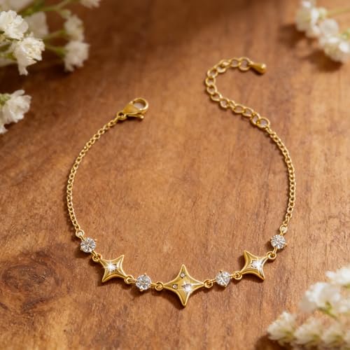 Sonateomber Dainty Gold Silver Star Bracelets for Women, Sparkly Trendy CZ Rhinestone Adjustable Link Chain Elegant Cute Celestial Bracelet Prom Wedding Accessories Fashion Jewelry Gift - color: Gold