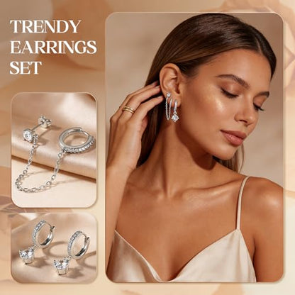 14K Gold Hoop Dangle Stud Earrings Surgical Steel Helix Piercing | Hypoallergenic,Cubic Zirconia,3 Pairs Huggie Hoop Set for Women,Dangle Stud,Cartilage Tragus Conch Earring,Jewelry Gift - color: L3-Silver Chain Earrings