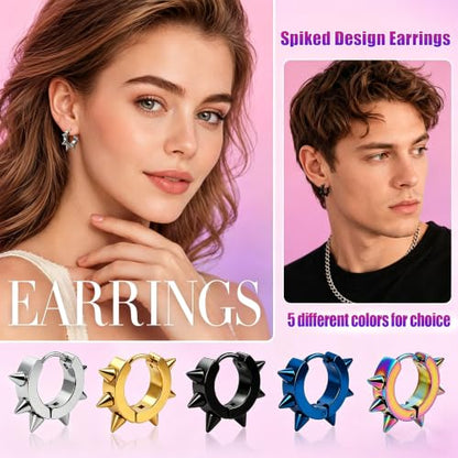 Stainless Steel Mens Womens Hoop Earrings Piercings Huggie Hypoallergenic - color: silver, blue, black, rainbow, gold