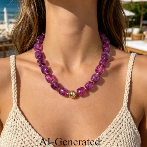 Ritach Chunky Beaded Necklaces for Women - Colorful Large Square Acrylic Beaded Necklace Boho Chunky Necklace Adjustable Statement Choker Necklace for Women Waterproof Summer Beach Jewelry Gifts - color: Purple