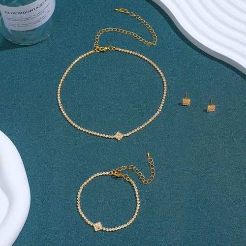 NEWITIN 4 Pieces Crystal Jewelry Set for Women Wedding Costume Accessories | Hypoallergenic, Cubic Zirconia, Necklace Earrings Bracelet, Tennis, Silver Jewelry for Wedding Bride Bridesmaid Party Prom - color: Gold Trendy