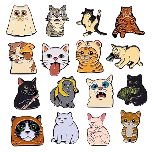 16 pcs Funny Cat Meme Pins – Unique Design & Premium Finish Soft Enamel Lapel Pins Set for Cat Lovers & Collectors