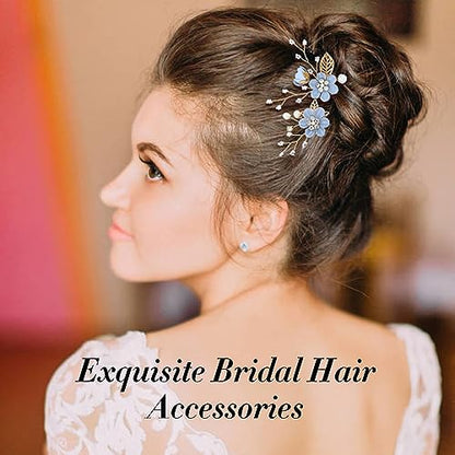 Cinaci 18 Pieces Bridal Wedding Party Prom Pearl Rhinestone Light Blue Flower Hair Side Combs Slides+U-shaped Flower Hair Pins+Twist Spiral Hairpins Floral Headpieces for Brides Bridesmaids Women Girl - color: Light Blue