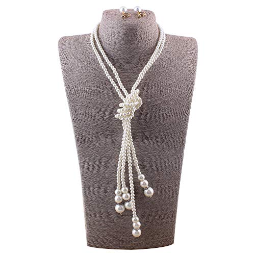 Handmade Faux Pearl Necklace and Clip on Earrings Jewelry Sets for Women Bib Choker Collar Necklace - color: Double Necklace+Screw Clip Earrings