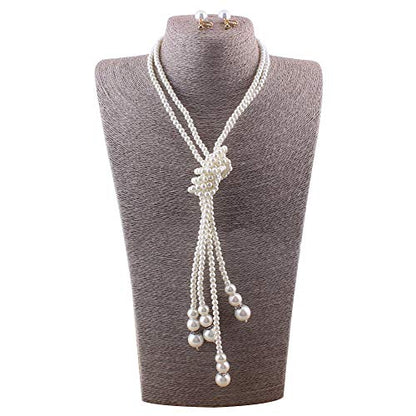 Handmade Faux Pearl Necklace and Clip on Earrings Jewelry Sets for Women Bib Choker Collar Necklace - color: Double Necklace+Screw Clip Earrings