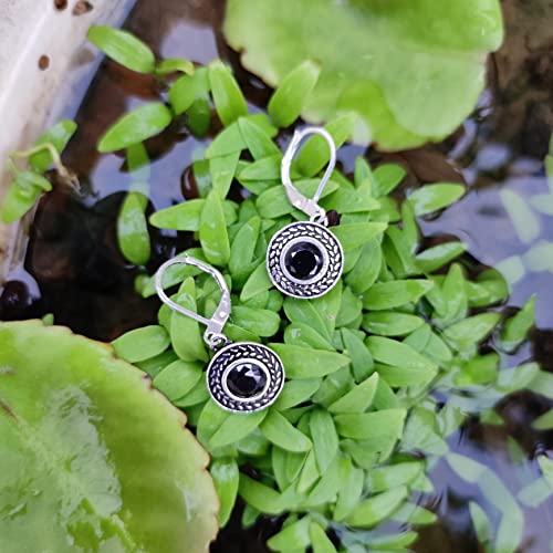 Handmade Sterling Silver Boho Crystal Dangle Leverback Earrings For Women - color: Silver, Black Stone