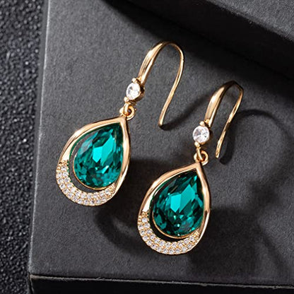 Austrian Crystal Halo Teardrop Hollow Drop Dangle Earrings for Women 14K Rose Gold Plated Hypoallergenic Jewelry Gifts - color: Emerald
