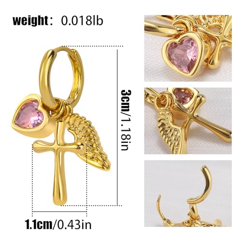 Dangle Gold Charm Earrings for Women 14K Gold Plated Bow Cherry Rose Zirconia Dragonfly Love Heart Wing Cross Pearl Conch Seashell Huggie Hoop Earring Drop Cross Trendy Party Jewelry Gifts for Women - style: Cross and Wing