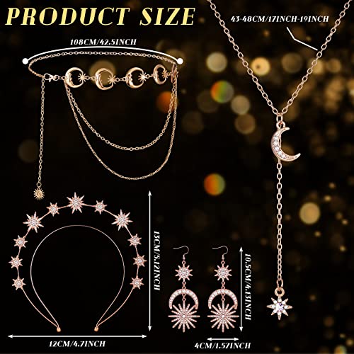 Glenmal 4 Pieces Celestial Jewelry Moon Stars Crown Necklaces and Body Chain Headband Drop Earrings for Women - color: Rose Gold