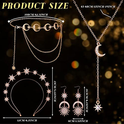 Glenmal 4 Pieces Celestial Jewelry Moon Stars Crown Necklaces and Body Chain Headband Drop Earrings for Women - color: Rose Gold