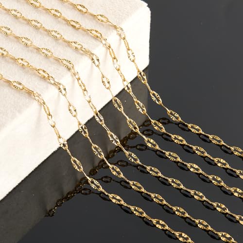 KYUNHOO 5 Meters Gold Plated Chains for Jewelry Making Sunflower Chain Link | Texture Stainless Steel Gold Jewelry Chain 8MM Long Lip Chain for Jewelry Craft DIY with Jump Rings Lobster Clasps - color: Cross Oval Gold
