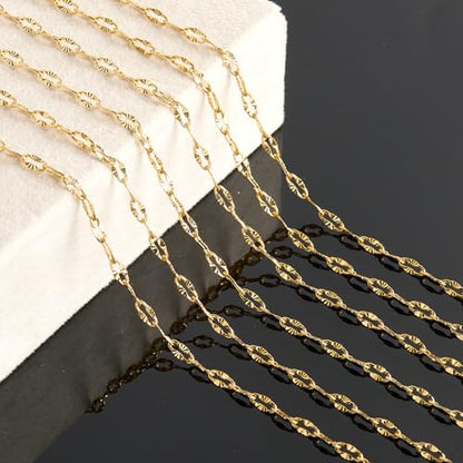 KYUNHOO 5 Meters Gold Plated Chains for Jewelry Making Sunflower Chain Link | Texture Stainless Steel Gold Jewelry Chain 8MM Long Lip Chain for Jewelry Craft DIY with Jump Rings Lobster Clasps - color: Cross Oval Gold