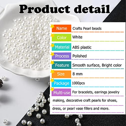 Pearl Beads for Jewelry Making - 1000 PCS 8mm White Pearls for Jewelry Making, Pearls for Crafts, Round Loose Pearls Beads with Hole for Necklaces Bracelets Earrings Choker Making - size: 8mm