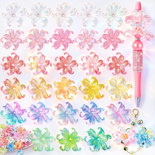 HUISUYTON 60 Pcs Fancy Focal Beads for Pen, Acrylic Lily Flower Focal Beads Gradient Flower Petals, Assorted Colors Bulk Flower Bead for Beadable Pens, Bracelets, Necklaces, Earrings DIY Craft - color: 60 Pcs Lily Flower Beads