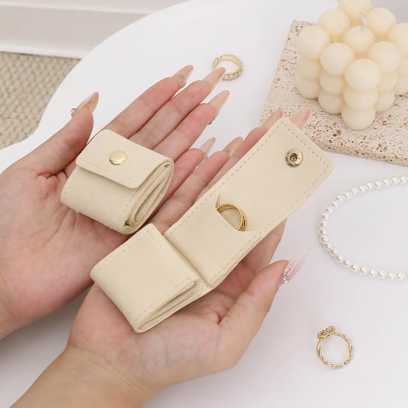 Mini Travel Jewelry Pouch Velvet Roll Up Ring Organizer Small Portable Earring Storage Bag with Snap Button for Women