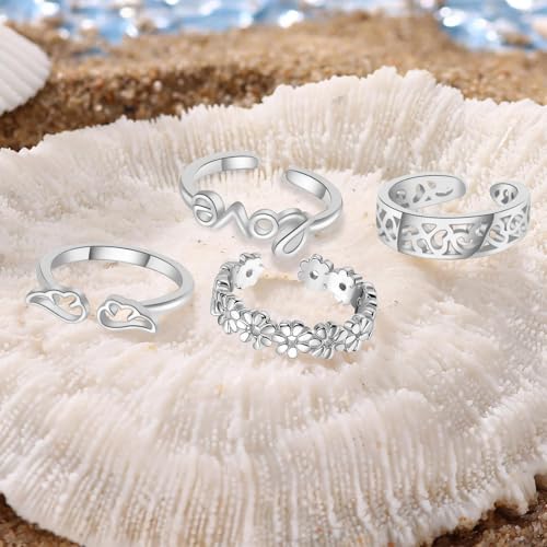 Toe Rings for Women,Silver Plated Stylish Adjustable Toe Band Rings, Summer Beach Foot Jewelry - Perfect for Vacation, Daily Wear - style: 4 Pcs