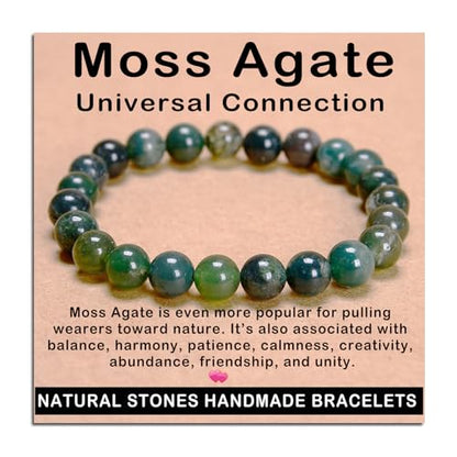 AD Beads Handmade Gemstone Stretch Elastic Bracelet Crystal Healing Reiki Nature's Beauty and Spiritual Essence Unisex (8mm, Moss Agate (Universal Connection)) - color: Moss Agate (Universal Connection), size: 8mm