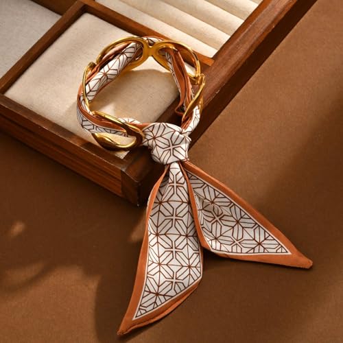 Women Trendy 2 in 1 Silk Scarf Wide Open Cuff Bangle Bracelet Set,18K Gold Plated Adjustable Scarf Cuff Bracelet, Stainless Steel Fashion Statement Wrist Cuff Wrap Jewelry Gifts - color: Coffee