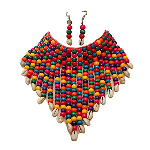 Wooden Beaded Seed Bib Necklace and Earrings Set for Women,Statement African Boho Layering Chunky Collar Choker Set - color: Multi