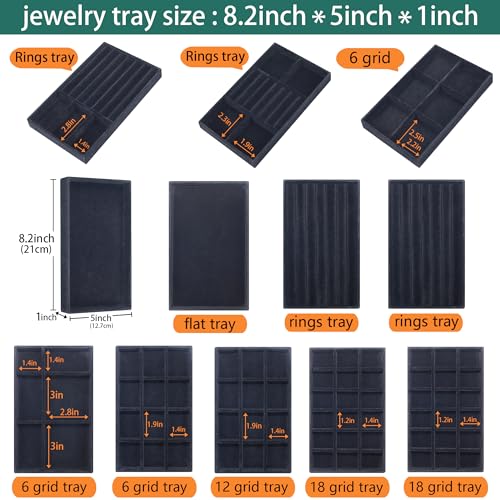 12 Pcs Velvet Jewelry Tray Stackable Jewellery Organier Trays Earrings Necklace Rings Storage Box Jewelry Drawer Display Case for Bracelet Earring Watch Accessories with Removable Dividers, Black