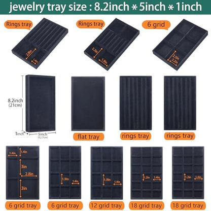 12 Pcs Velvet Jewelry Tray Stackable Jewellery Organier Trays Earrings Necklace Rings Storage Box Jewelry Drawer Display Case for Bracelet Earring Watch Accessories with Removable Dividers, Black