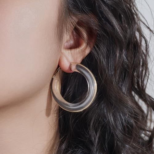 Chunky Gold Resin Hoop Earrings Leverback Statement Huggie Hoops Dangle Drop Dressy Earring Prom Festival Vacation Jewelry for Women - color: Clear, size: Hoop